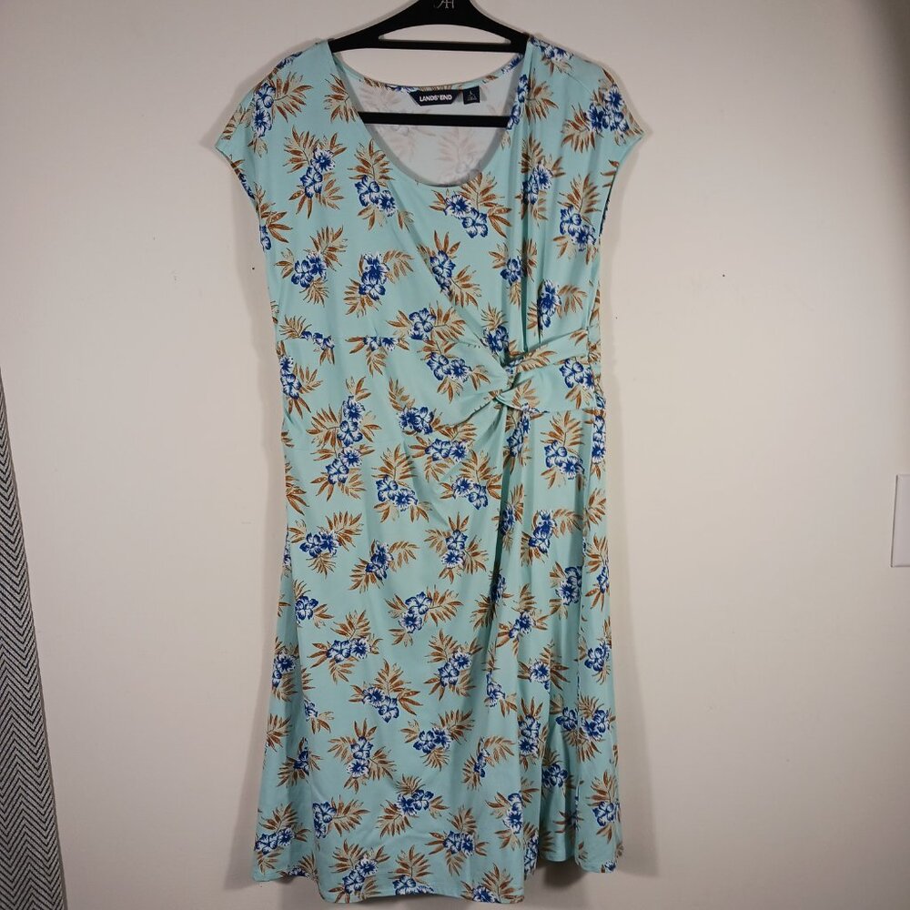 Lands' End Large Floral Print Twist Front Dress, Cap Sleeves, Aqua Blue/Navy - Picture 6 of 16